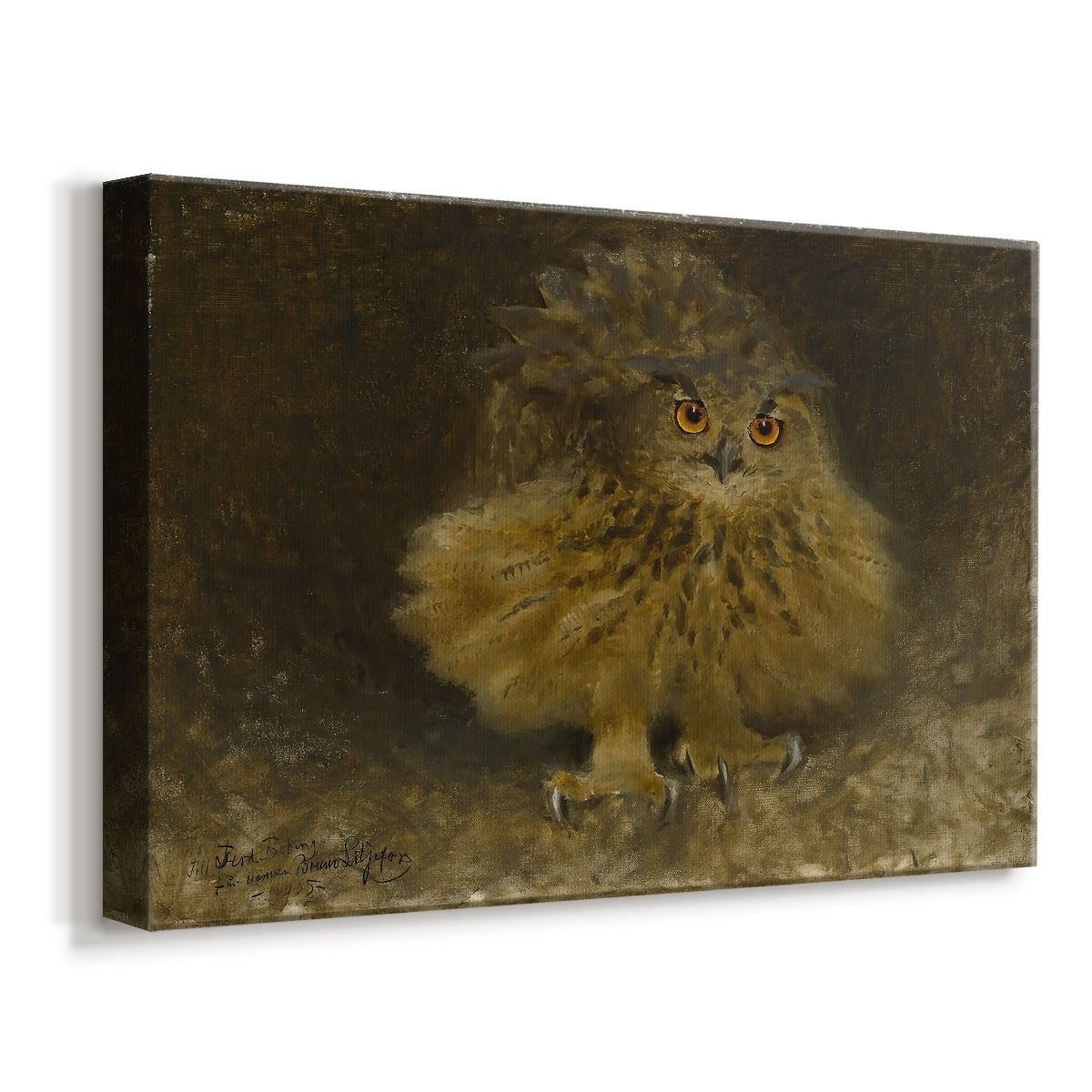 Canvas art print featuring a detailed wildlife painting of eagle owl with piercing eyes in darkness, displayed at an angle