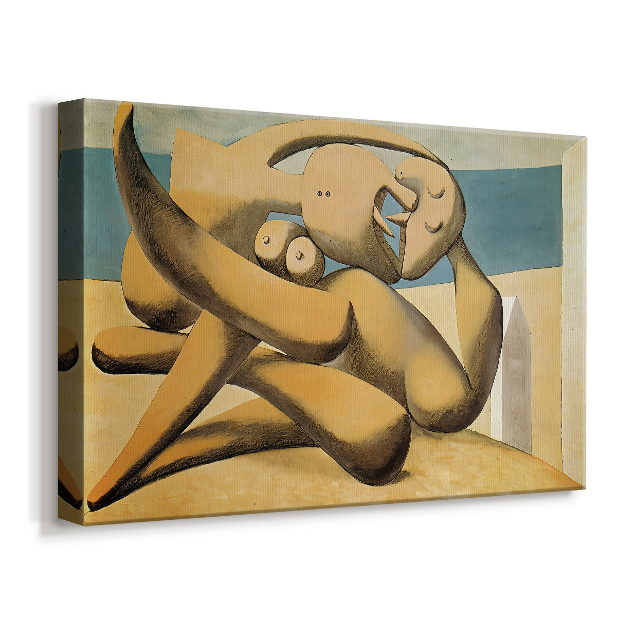 Canvas art print featuring a cubist-style composition of figures interacting at seaside, displayed at an angle
