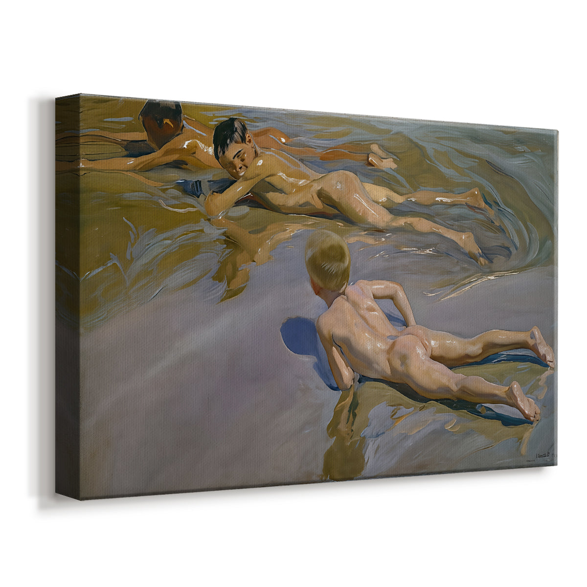 Canvas art print featuring an energetic beach scene with children in motion, displayed at an angle