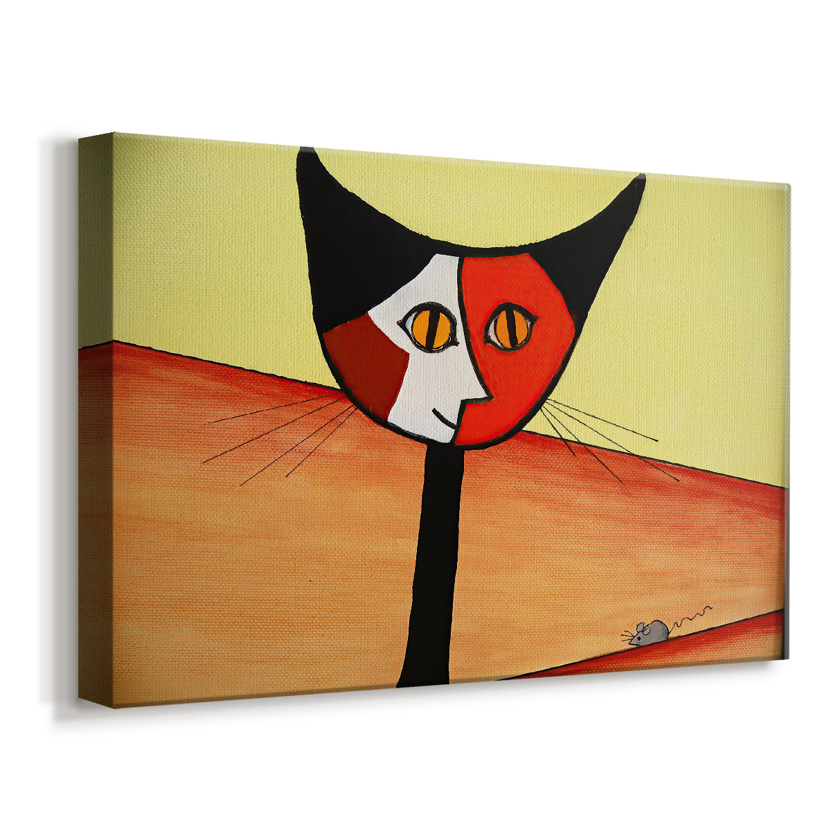 Canvas art print featuring a cubist-inspired feline portrait, displayed at an angle
