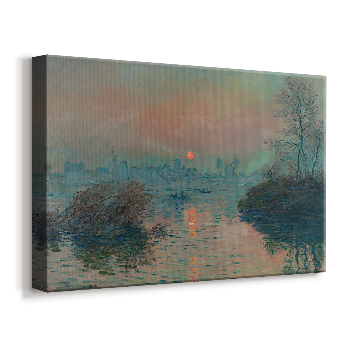 Canvas art print featuring a winter scene with warm light reflecting on water at dusk, displayed at an angle