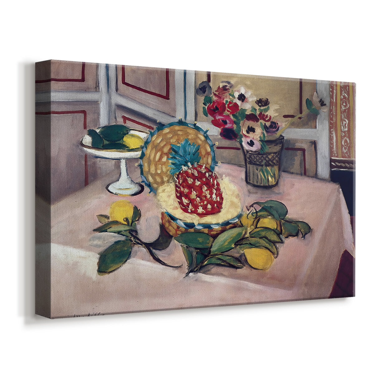 Canvas art print featuring an expressive arrangement of pineapple and citrus on a table, displayed at an angle