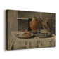 Canvas art print featuring a rustic tabletop scene with ceramic container and items, displayed at an angle