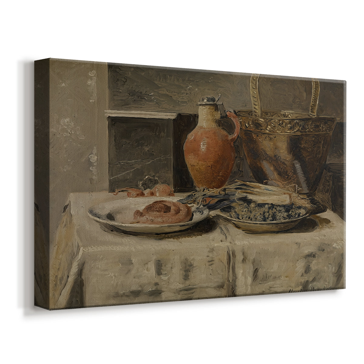 Canvas art print featuring a rustic tabletop scene with ceramic container and items, displayed at an angle