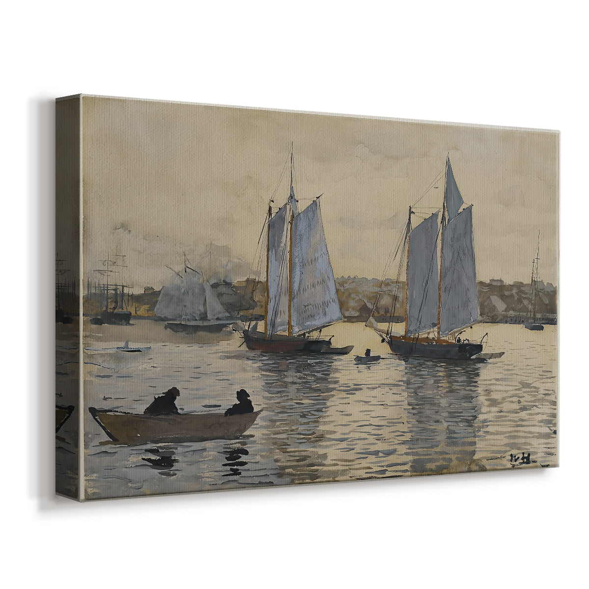 Canvas art print featuring a nautical scene with boats resting on open sea, displayed at an angle