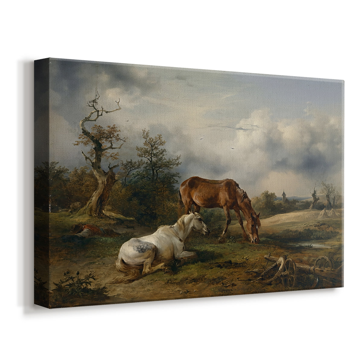 Canvas art print featuring a pastoral animal scene with horses, displayed at an angle