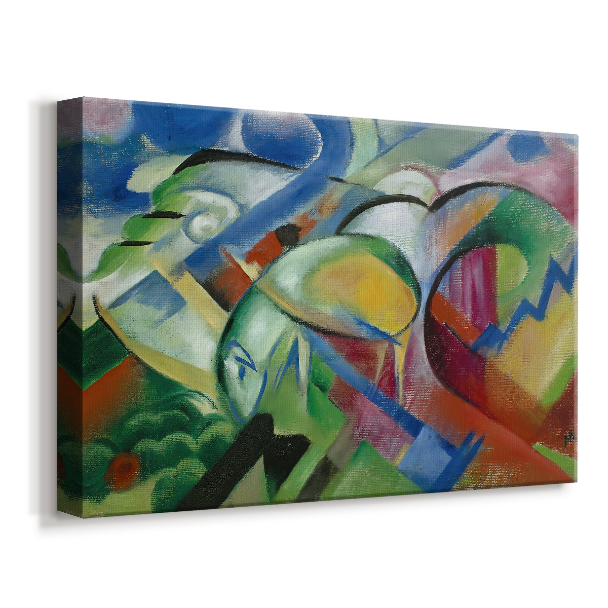 Canvas art print featuring stylized animals depicted with bold color blocks and shapes, displayed at an angle
