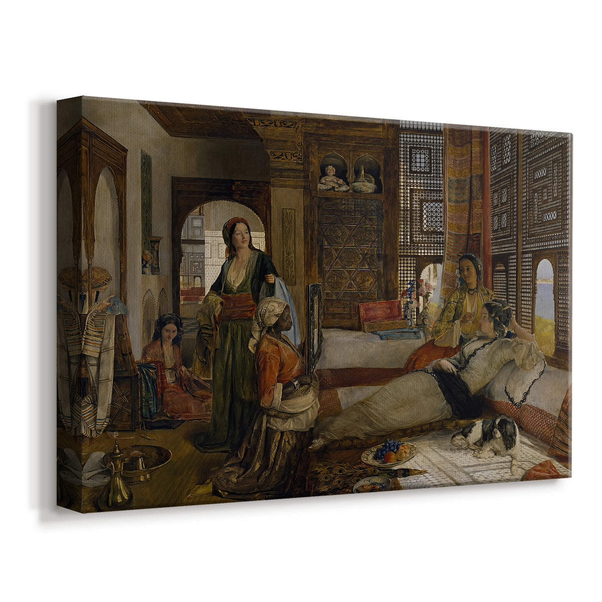 Canvas art print featuring a detailed cultural interior with ornate decor and textiles, displayed at an angle