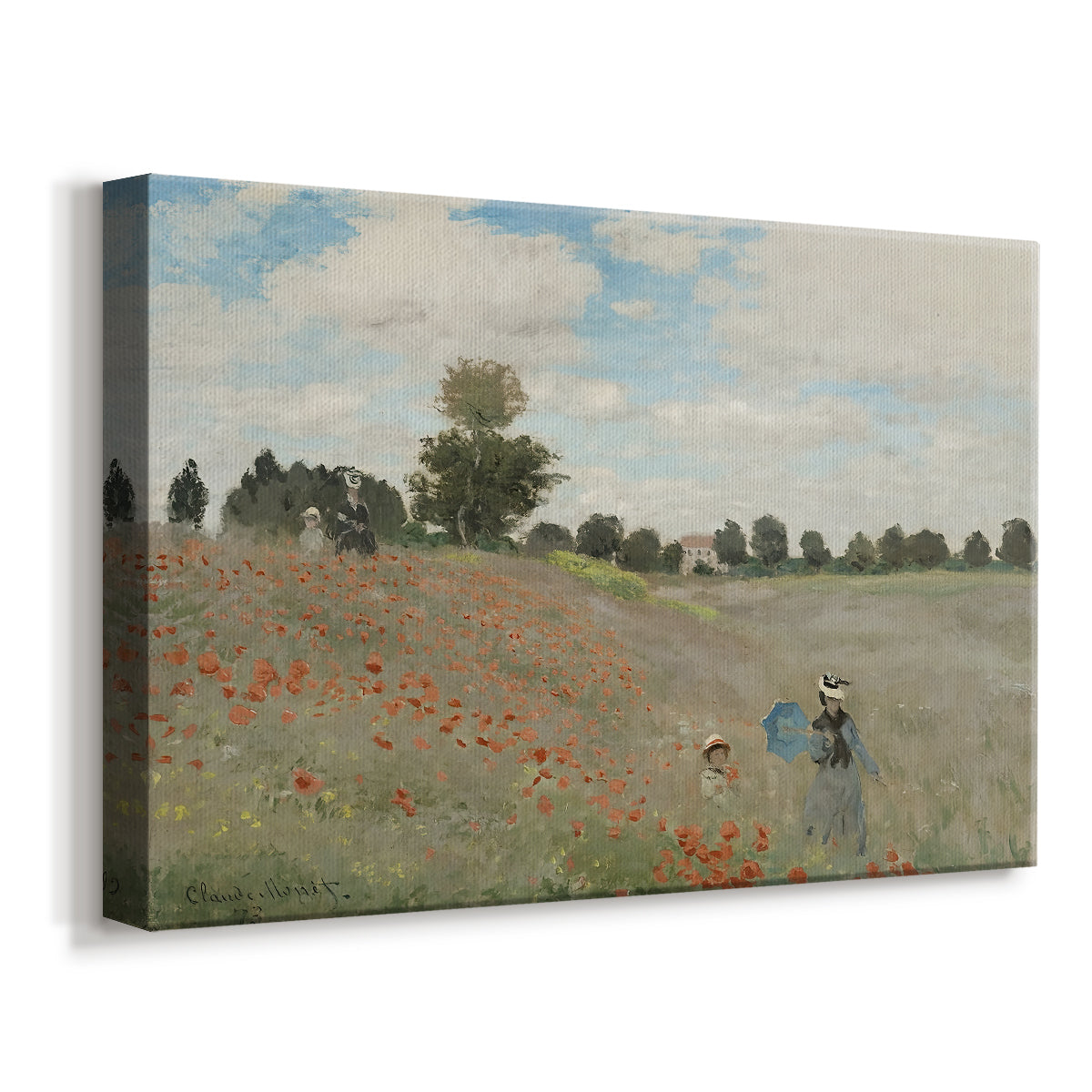 Canvas art print featuring an impressionist countryside scene with flowers and strolling figures, displayed at an angle