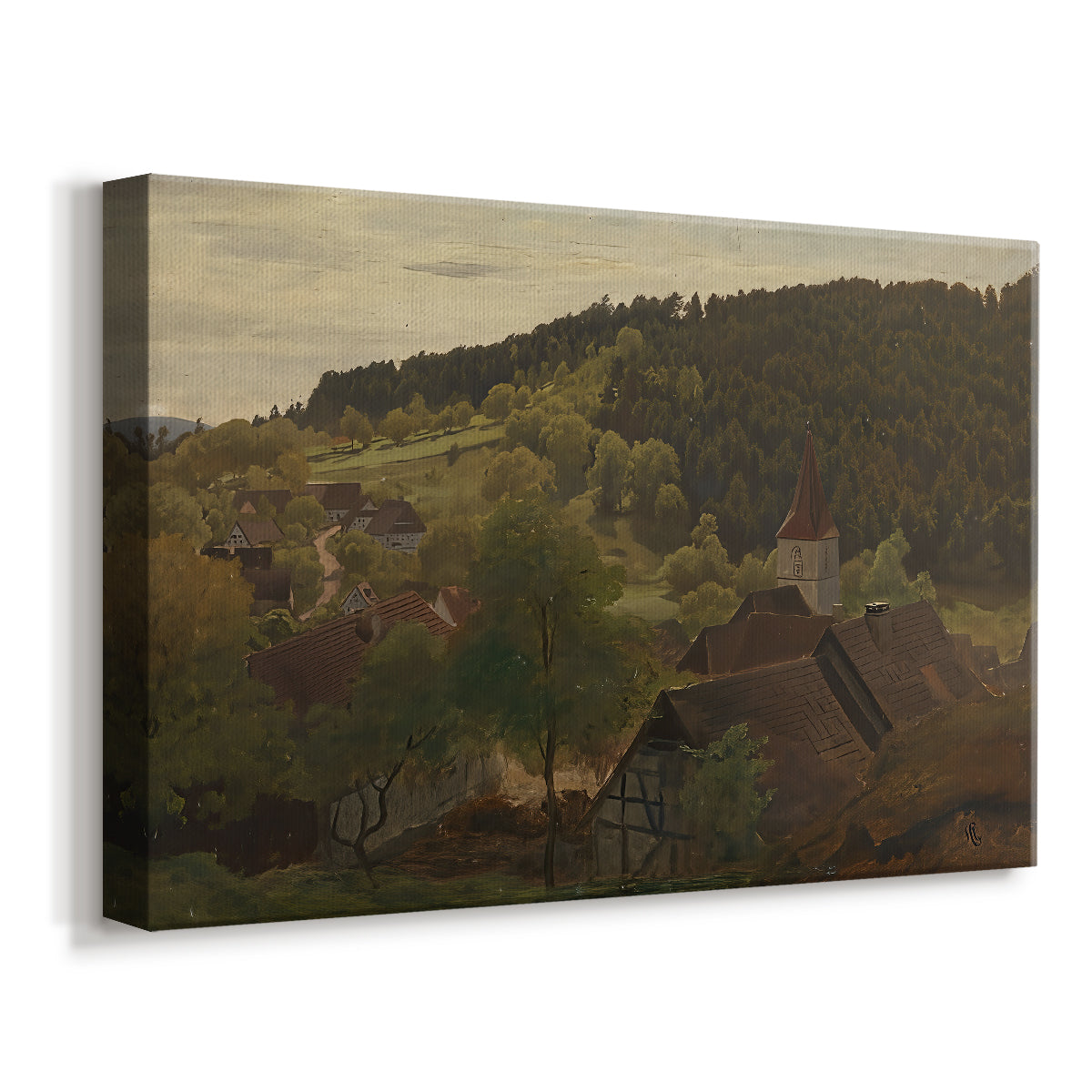 Canvas art print featuring a panoramic countryside with rolling terrain and trees, displayed at an angle