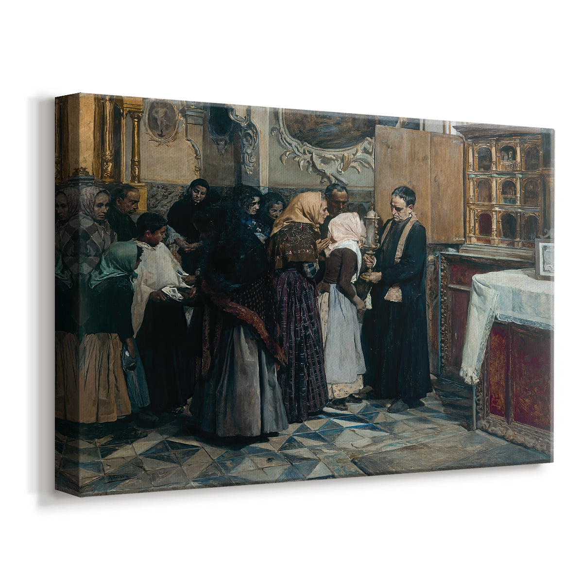 Canvas art print featuring a devotional scene with people participating in ritual, displayed at an angle
