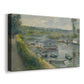 Canvas art print featuring a riverside scene with moored boat used for washing clothes, displayed at an angle