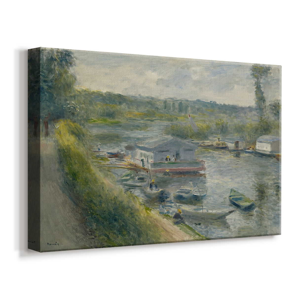 Canvas art print featuring a riverside scene with moored boat used for washing clothes, displayed at an angle