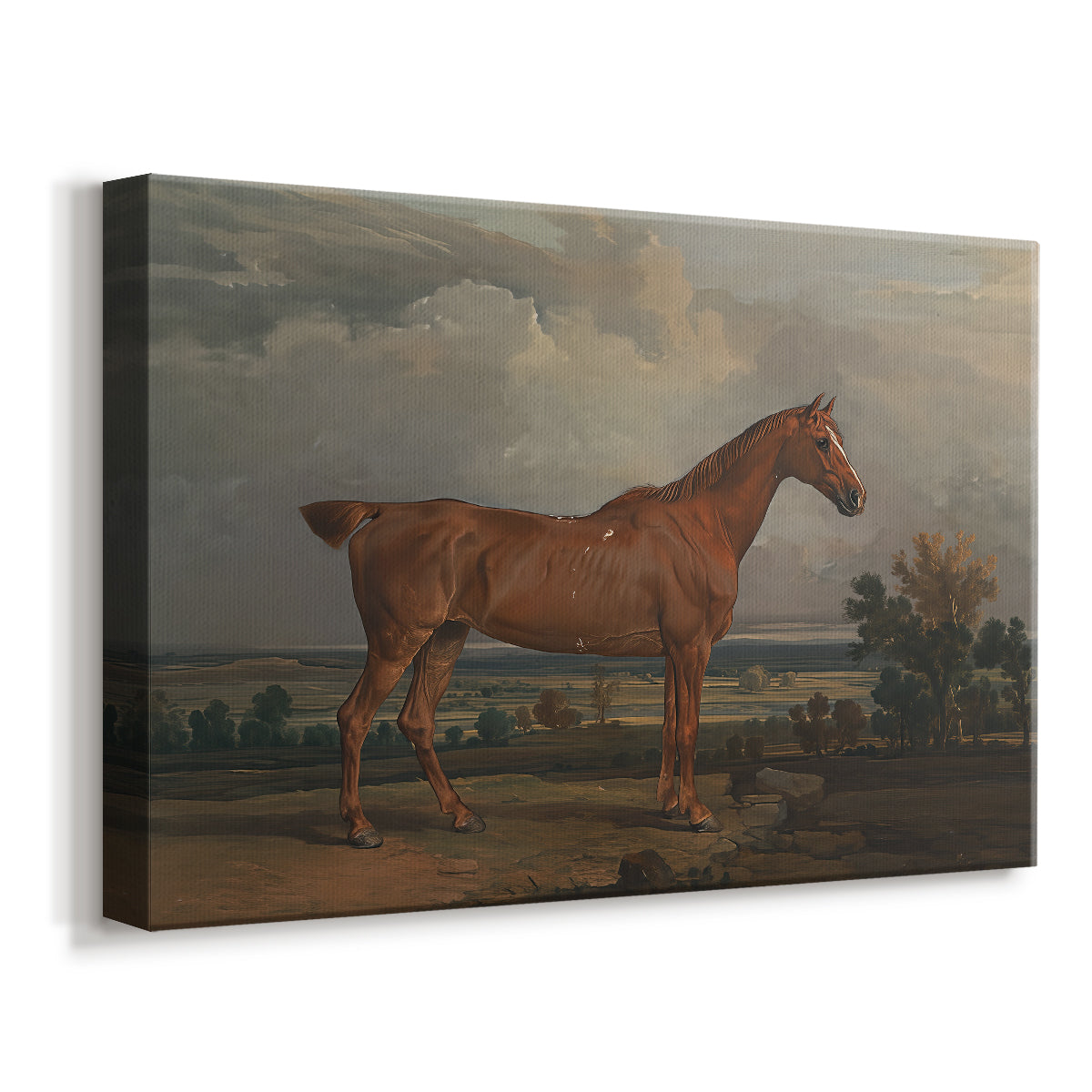 Canvas art print featuring a rural hunting scene with rider and expansive terrain, displayed at an angle