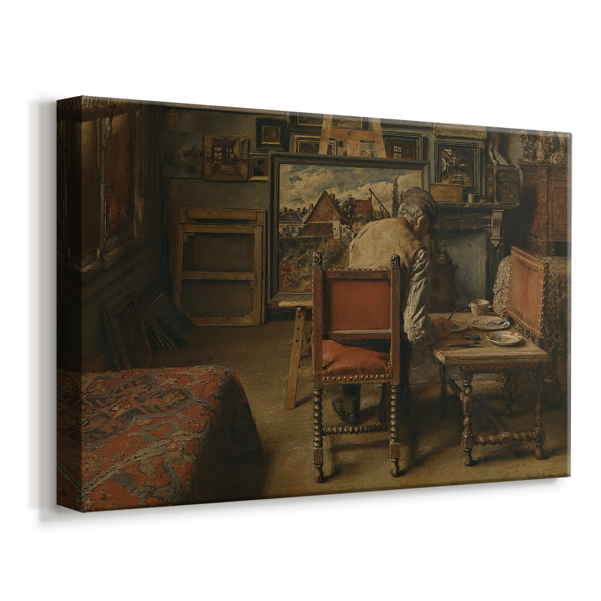 Canvas art print featuring an interior scene of person restoring or painting in studio, displayed at an angle