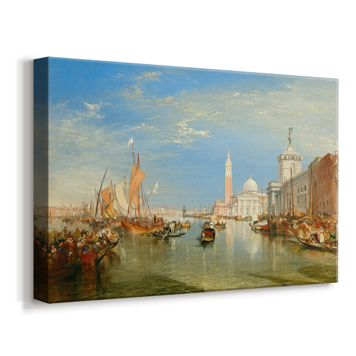 Canvas art print featuring a cityscape with architecture and canal, displayed at an angle
