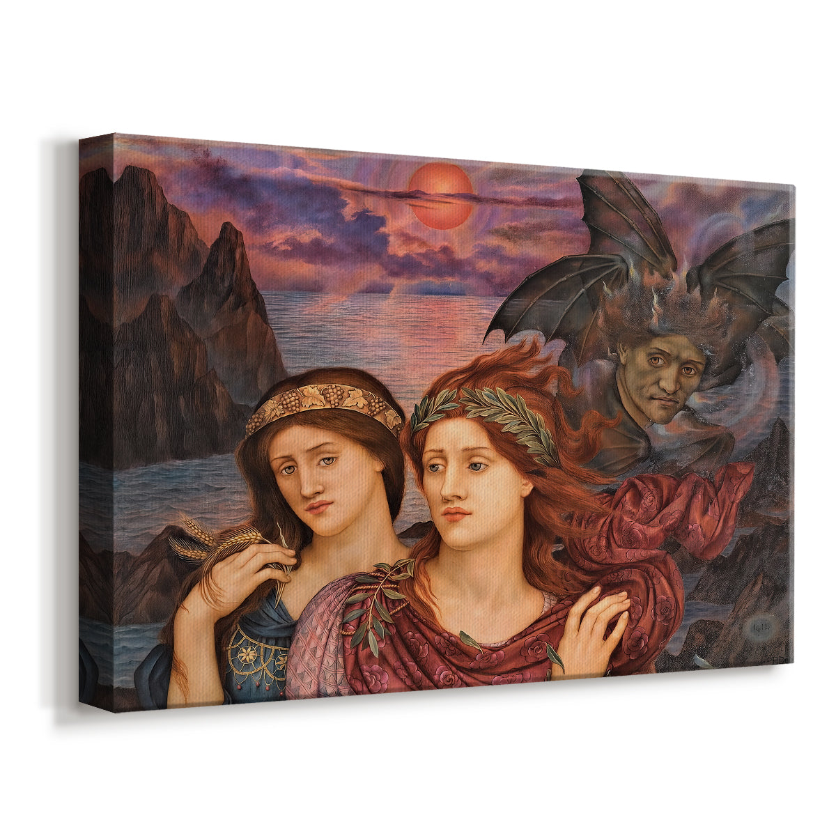 Canvas art print featuring a symbolic portrait of women framed by colorful atmospheric background, displayed at an angle