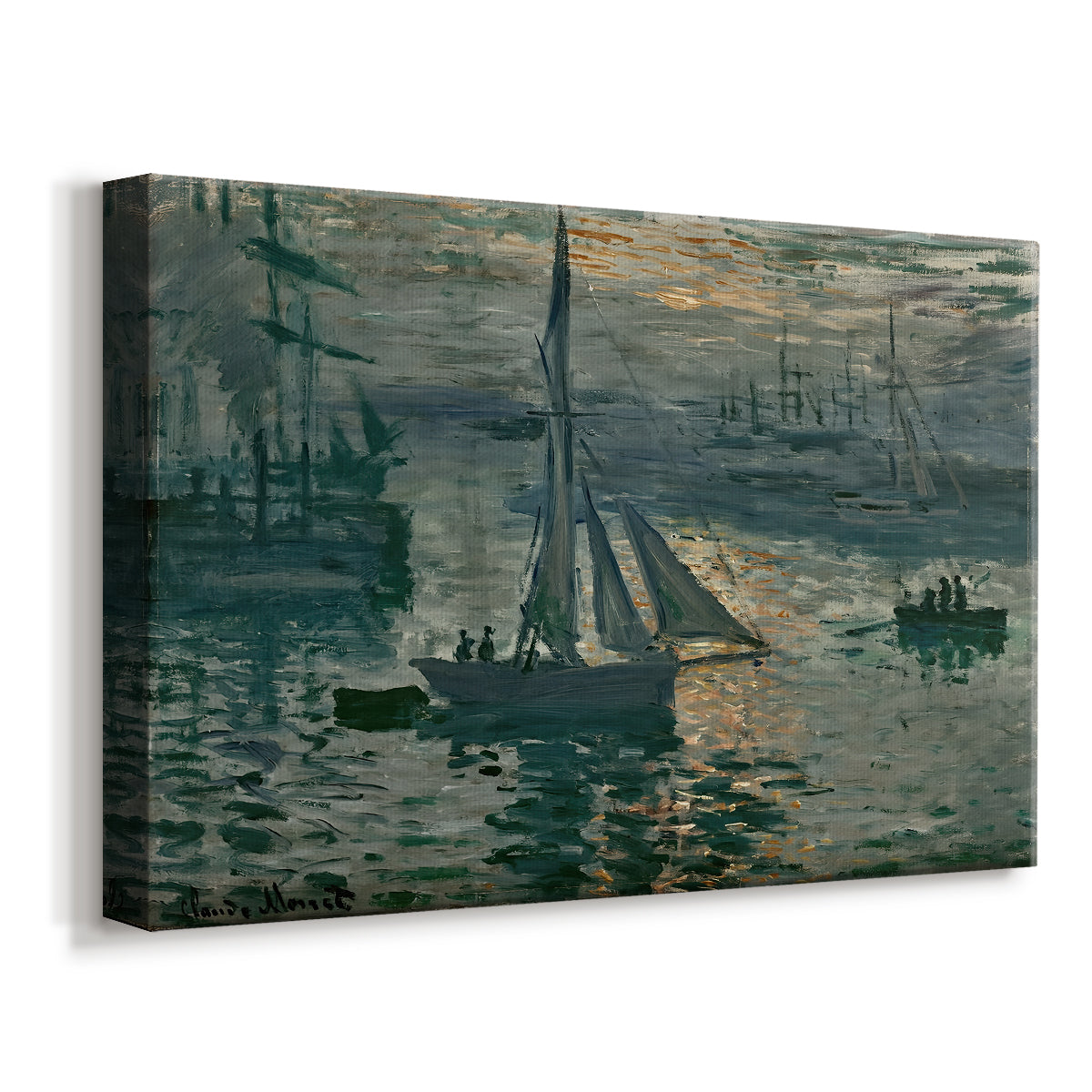 Canvas art print featuring an impressionist seascape with glowing sun and misty water, displayed at an angle