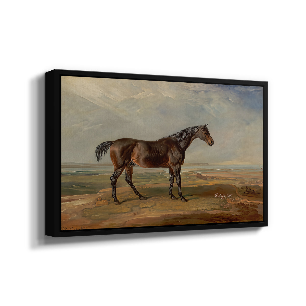 Dr. Syntax, a Bay Racehorse, Standing in a Coastal Landscape, an Estuary Beyond, c. 1820 - Floater Framed Canvas Print