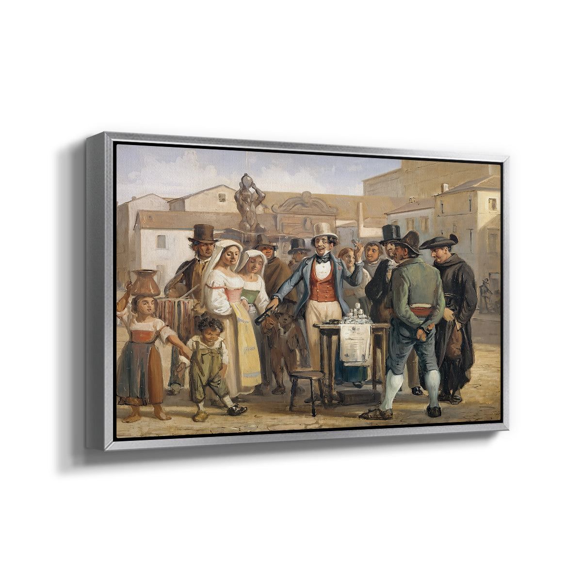 A Charlatan Selling Blacking in the Piazza Barberini in Rome, c. 1840-1849 - Floater Framed Canvas Print