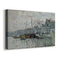 Canvas art print featuring an impressionist cityscape of canal with ships and architecture, displayed at an angle