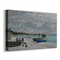 Canvas art print featuring a lively beach scene with people overlooking water and ships, displayed at an angle