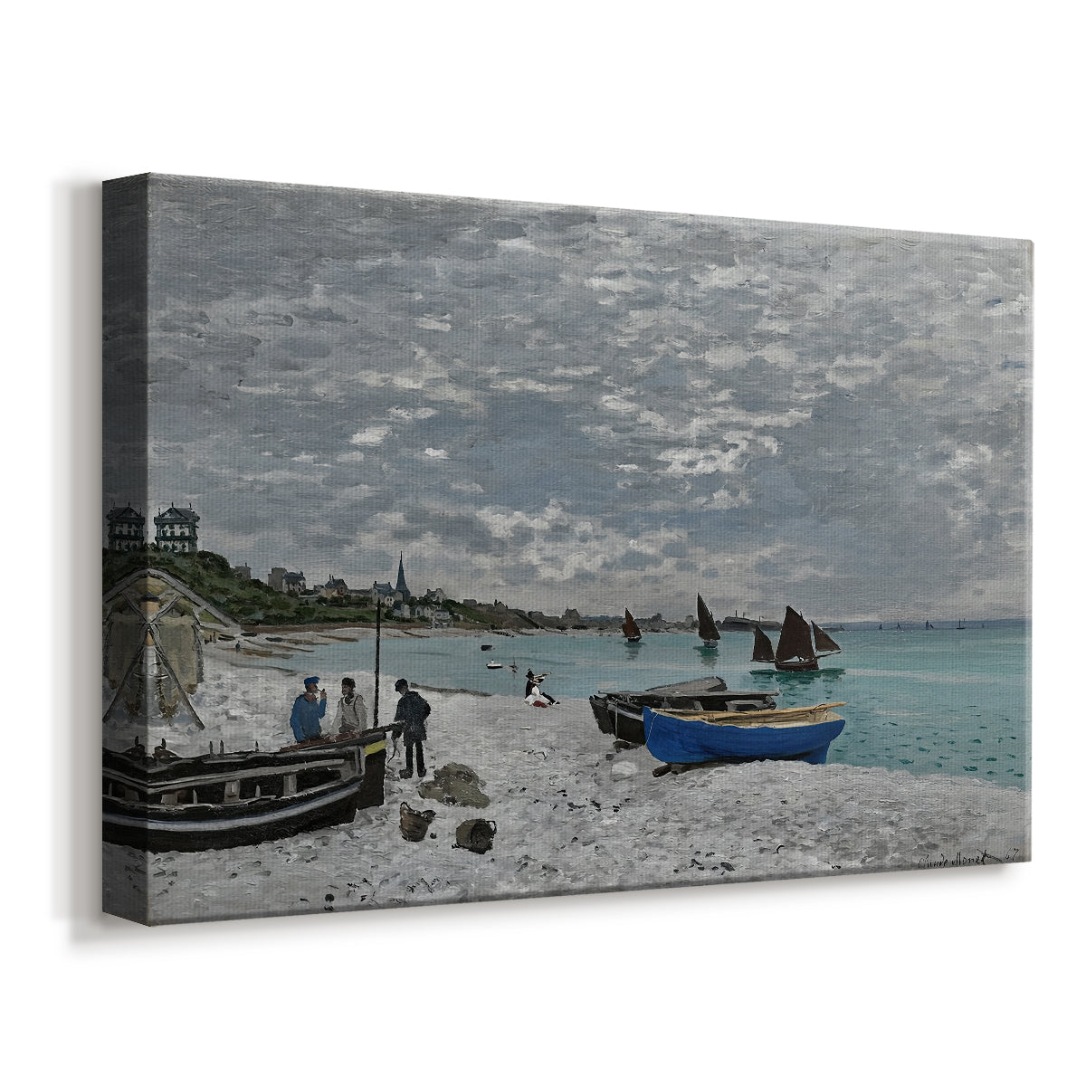 Canvas art print featuring a lively beach scene with people overlooking water and ships, displayed at an angle