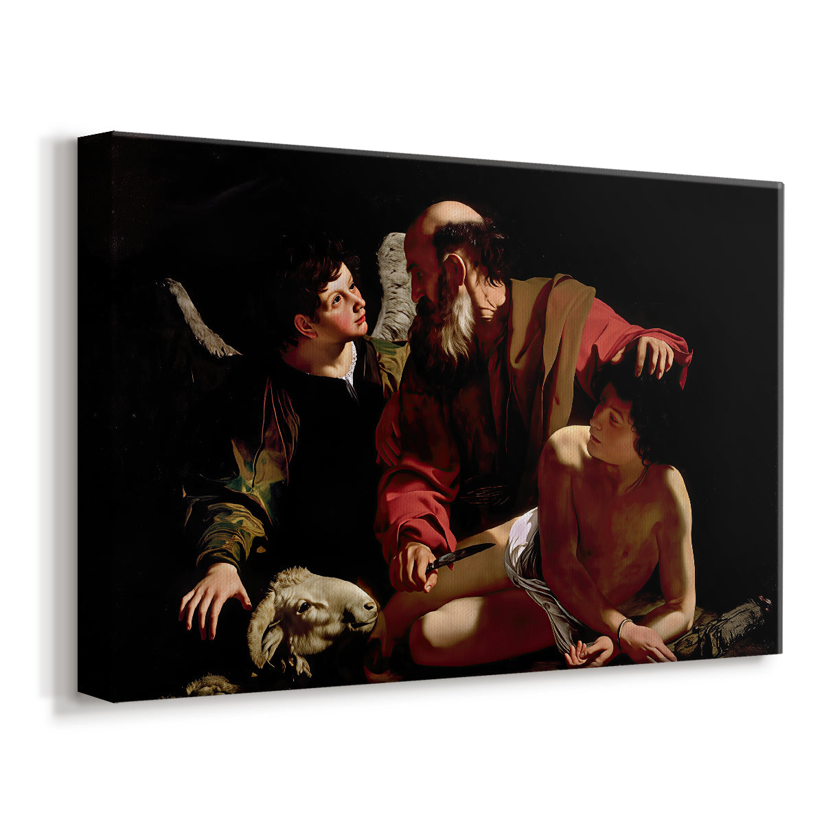 Canvas art print featuring a biblical scene of father about to sacrifice son as angel restrains him, displayed at an angle
