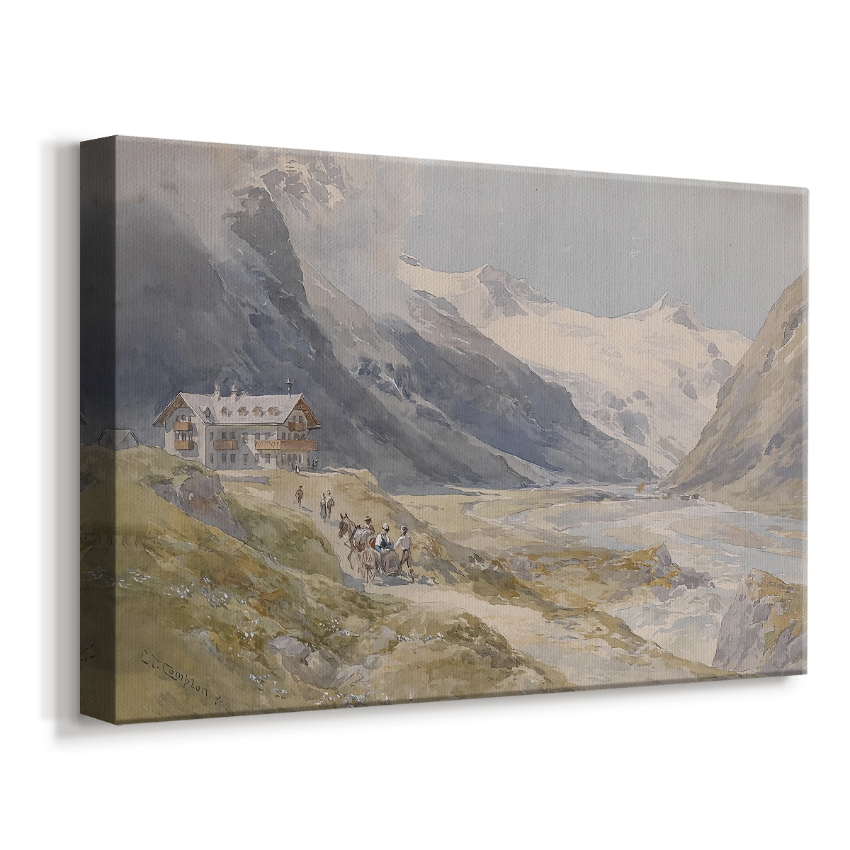Canvas art print featuring a pastoral mountain scene with figures tending livestock, displayed at an angle