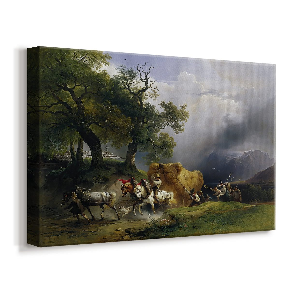 Canvas art print featuring a pastoral farming scene in countryside setting, displayed at an angle