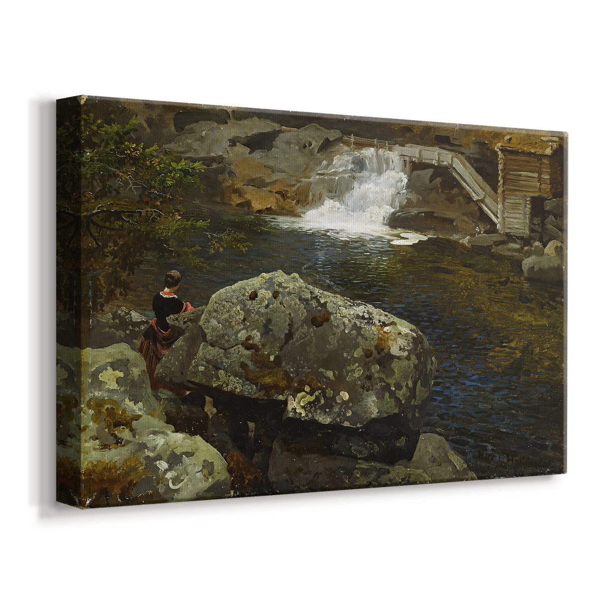 Canvas art print featuring a tranquil rural scene with water and rustic mill structure, displayed at an angle