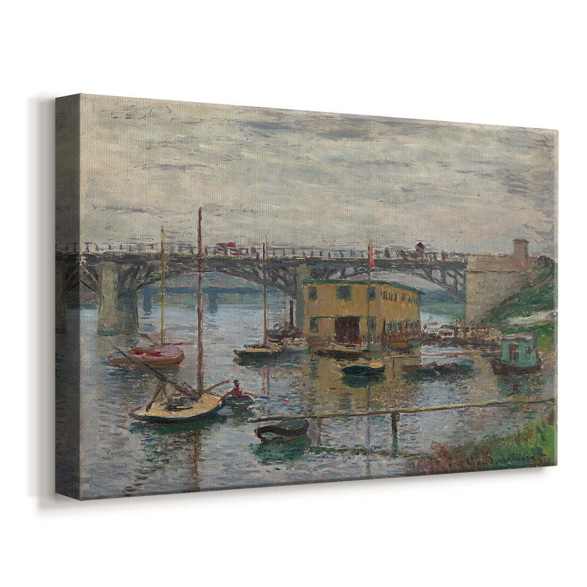 Canvas art print featuring an impressionist riverscape with overcast atmosphere and soft tones, displayed at an angle