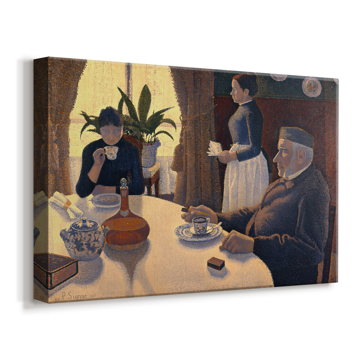 Canvas art print featuring a domestic dining scene in dotted texture, displayed at an angle