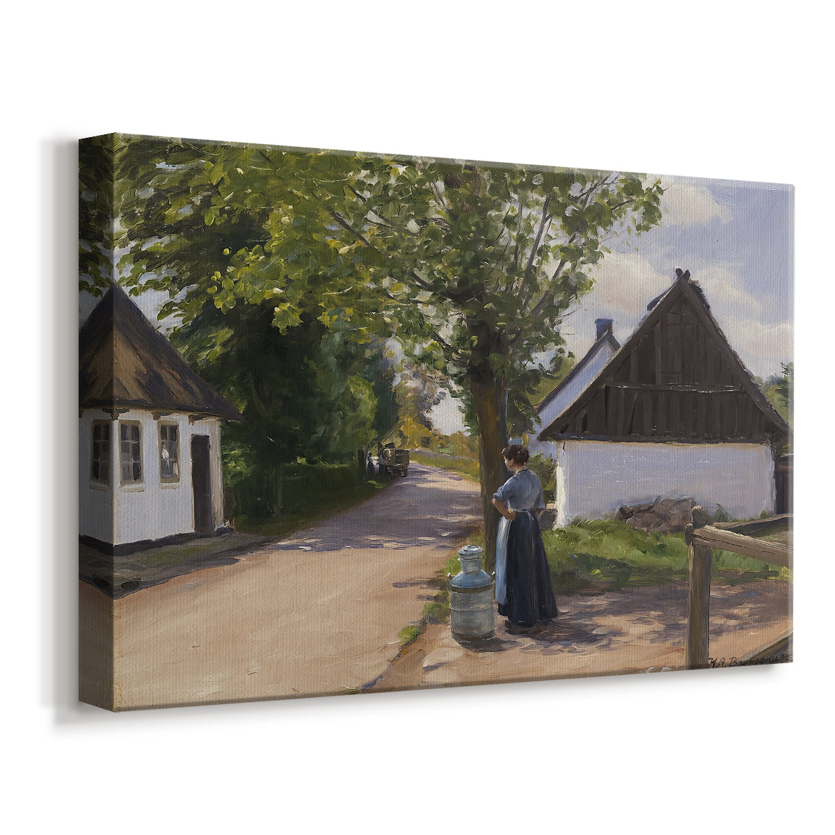 Canvas art print featuring an everyday rural interaction on quiet street with buildings, displayed at an angle
