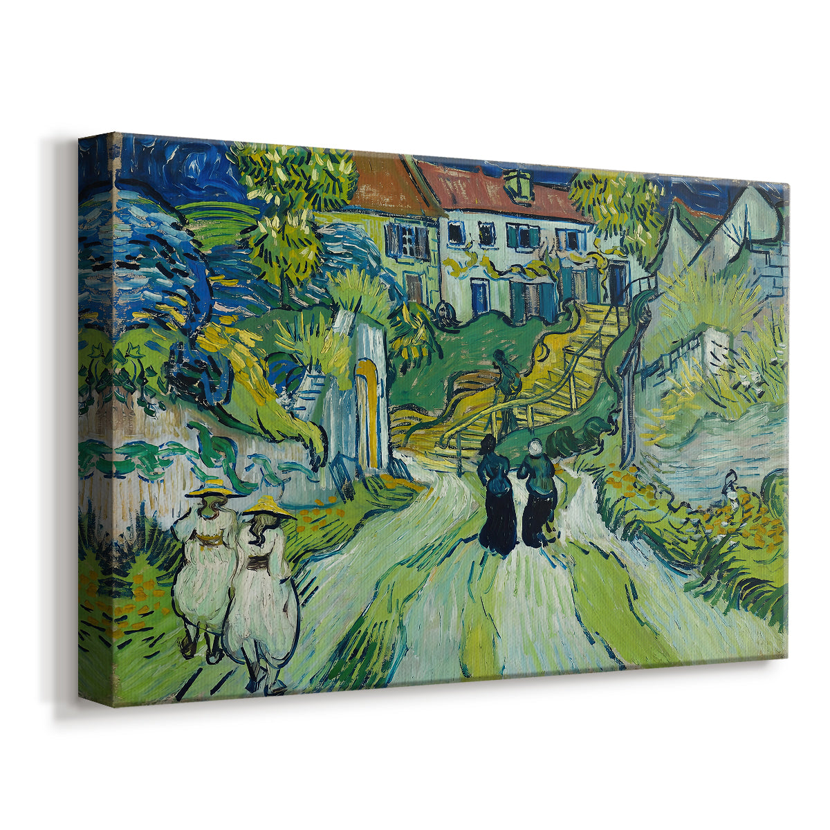 Canvas art print featuring an expressive architectural scene with steps and surrounding structures, displayed at an angle