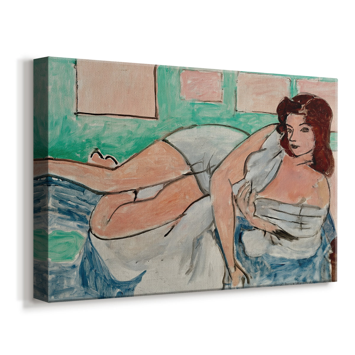 Canvas art print featuring an expressive interior with a reclining woman on a patterned surface, displayed at an angle