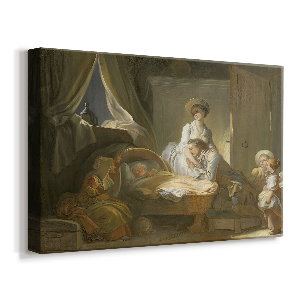 Canvas art print featuring a Rococo family scene with soft lighting and interaction, displayed at an angle