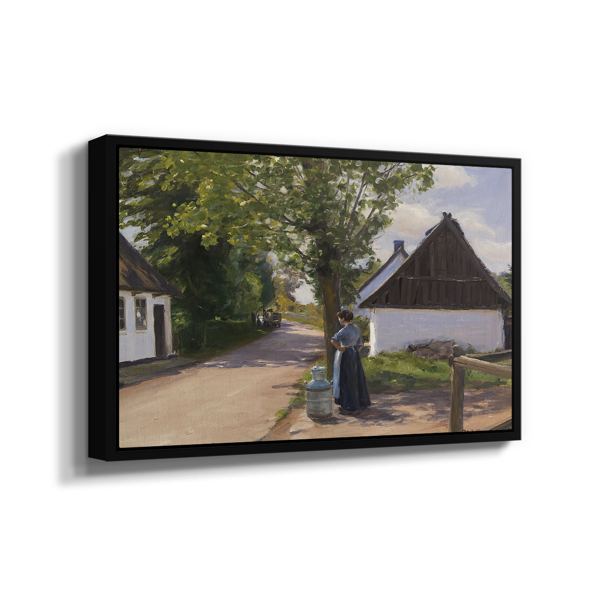 Danish Village Street with Woman and Milkman, 1880 - Floater Framed Canvas Print