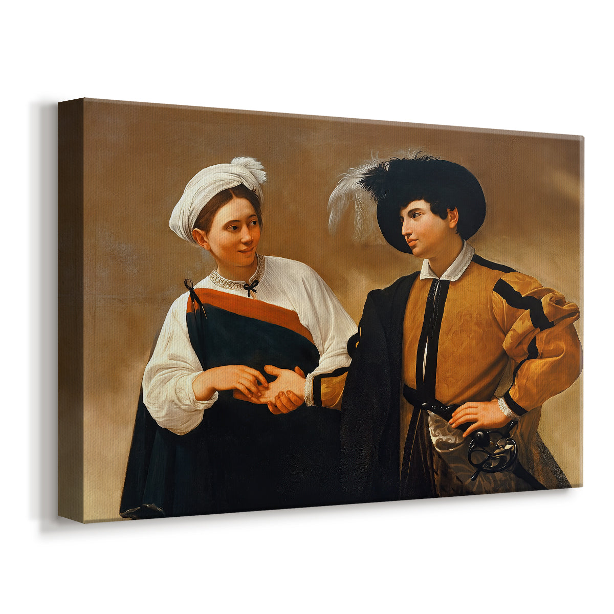 Canvas art print featuring a fortune teller tricking young man during palm reading, displayed at an angle