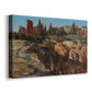 Canvas art print featuring an architectural scene of ancient structures in sunlit environment, displayed at an angle