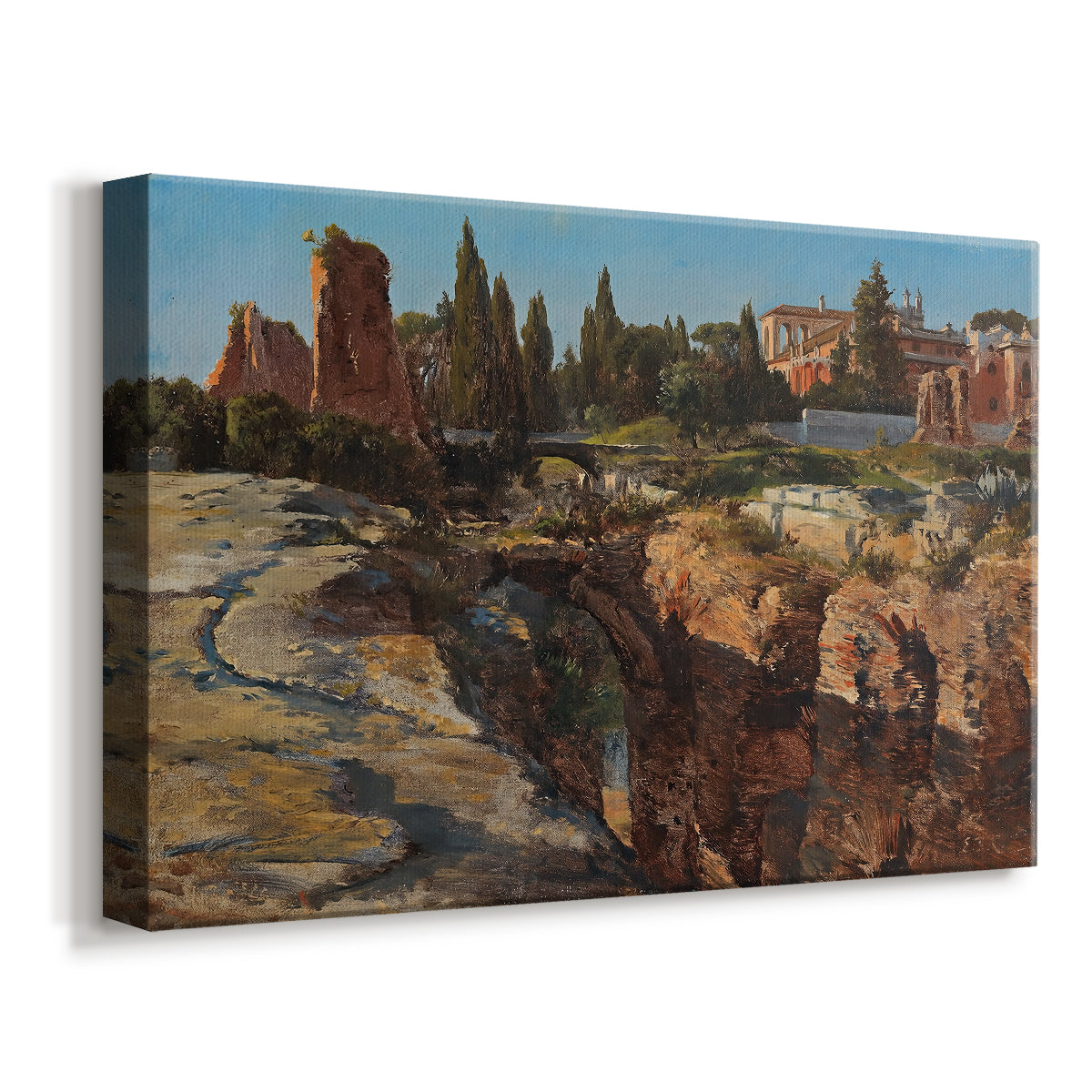 Canvas art print featuring an architectural scene of ancient structures in sunlit environment, displayed at an angle