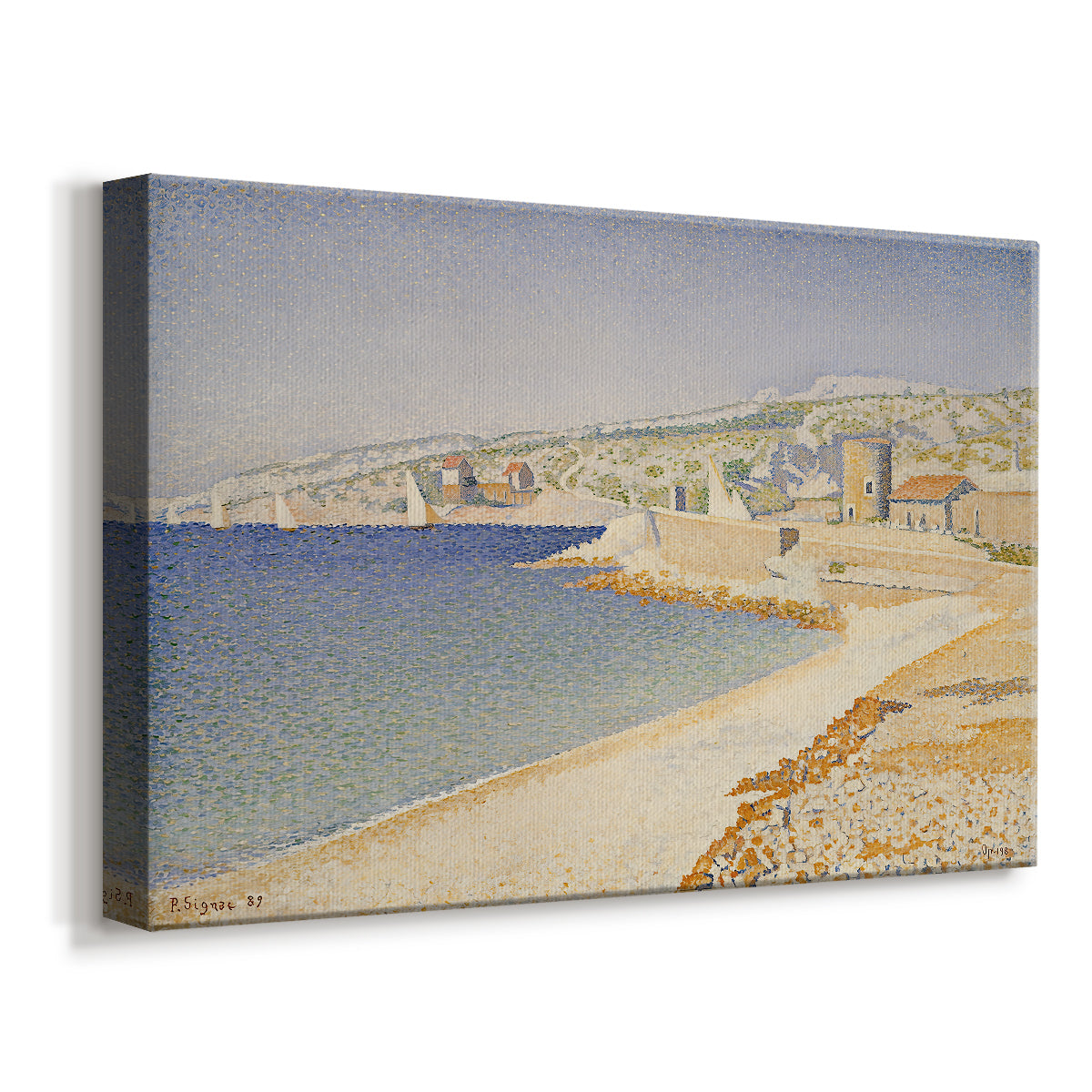 Canvas art print featuring a seaside scene with pier, displayed at an angle