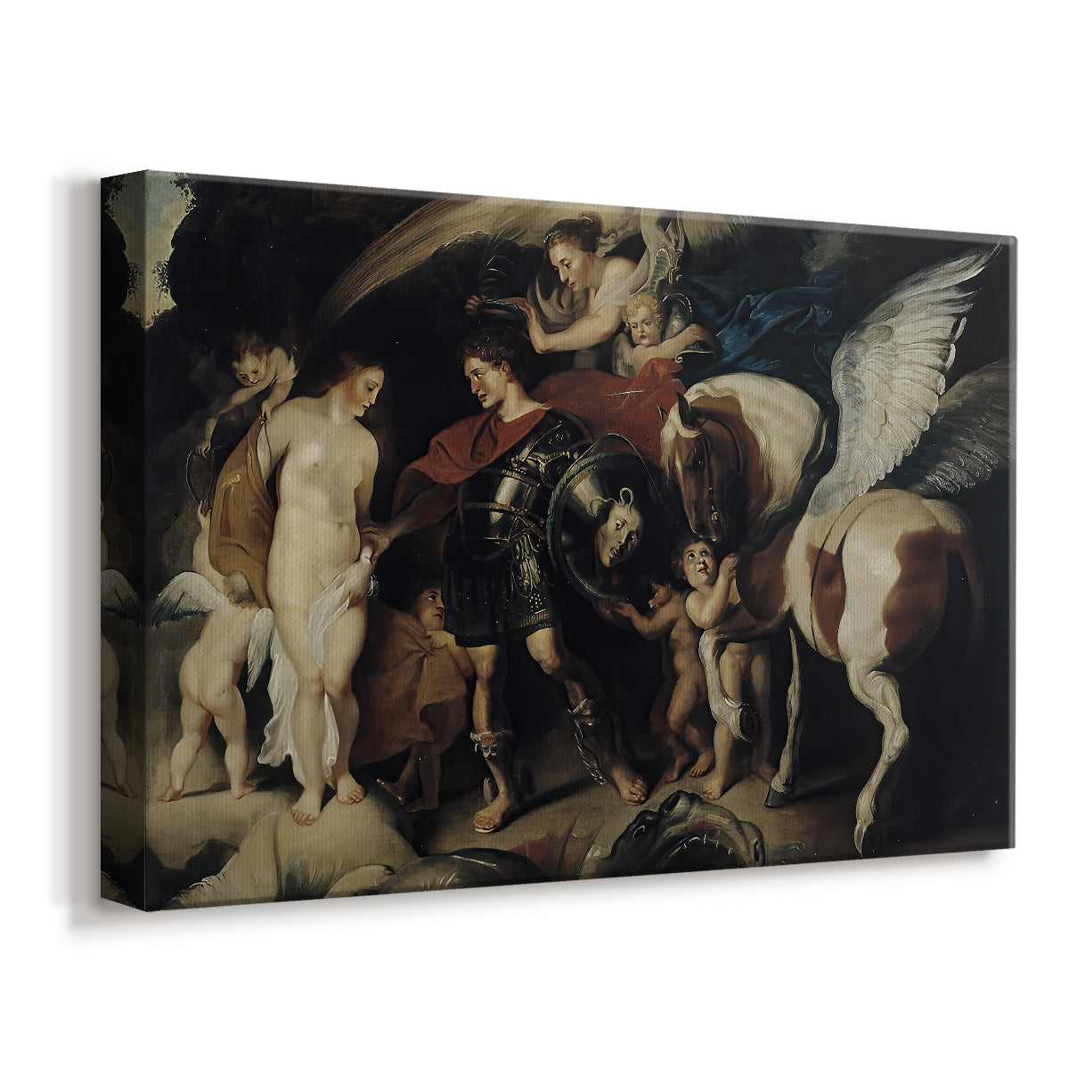 Canvas art print featuring a Baroque composition of heroic figure and bound woman, displayed at an angle