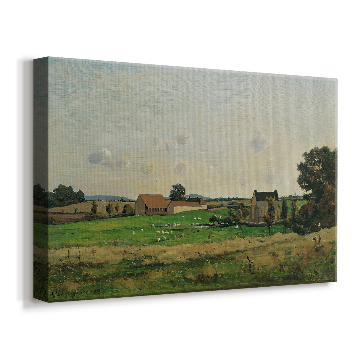 Canvas art print featuring a countryside property with architecture and natural setting, displayed at an angle