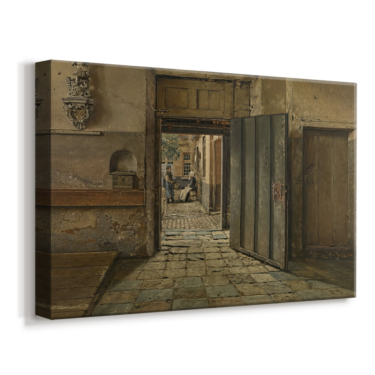 Canvas art print featuring an indoor scene with figures facing each other in simple room, displayed at an angle
