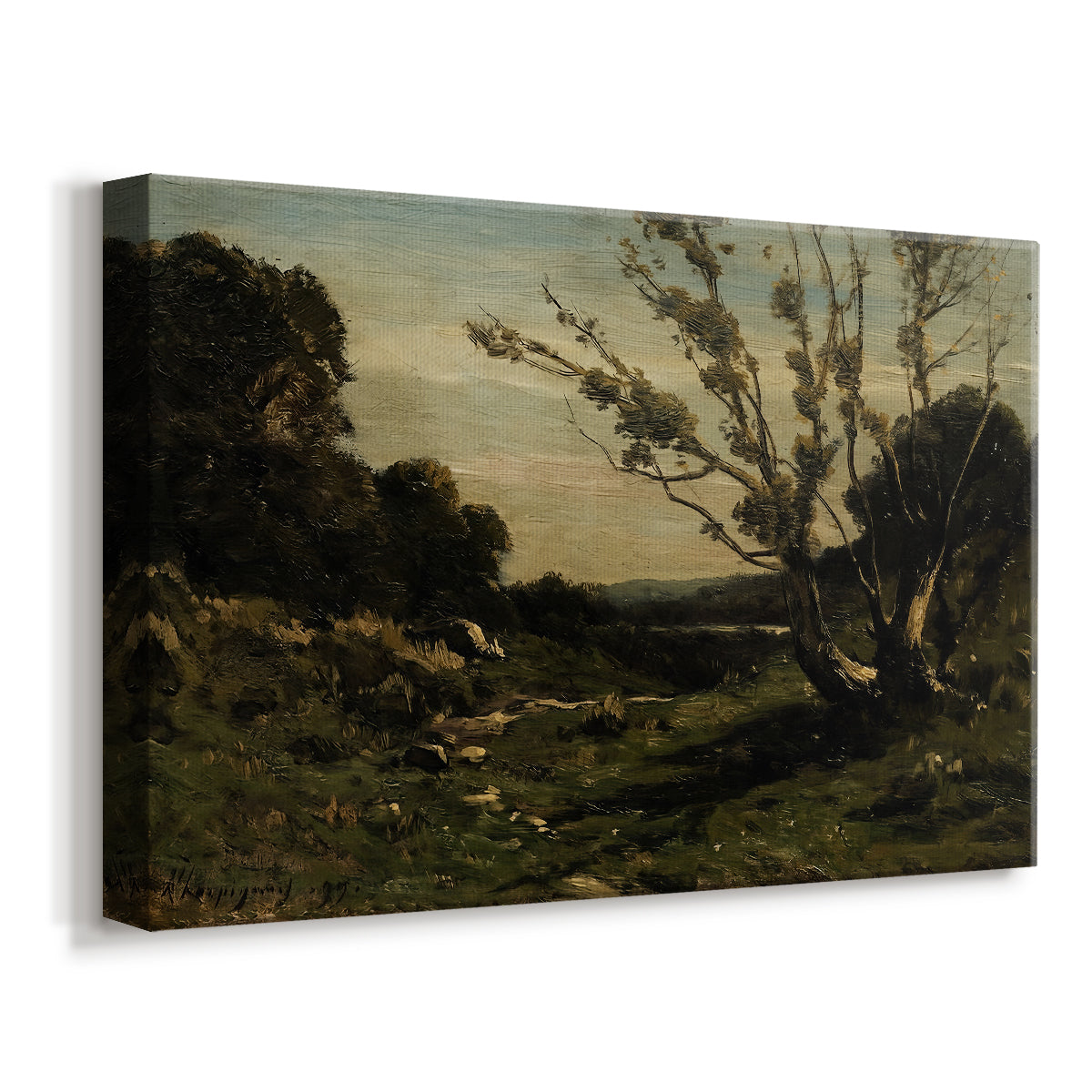 Canvas art print featuring a peaceful rural scene with misty atmosphere and gentle tones, displayed at an angle