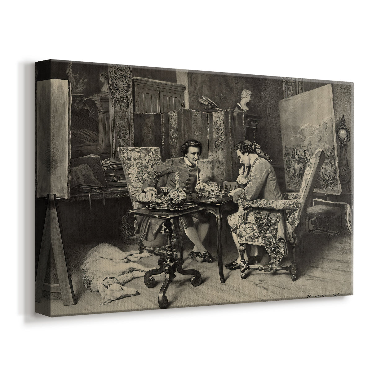 Canvas art print featuring a realistic scene of figures concentrating on chess game indoors, displayed at an angle
