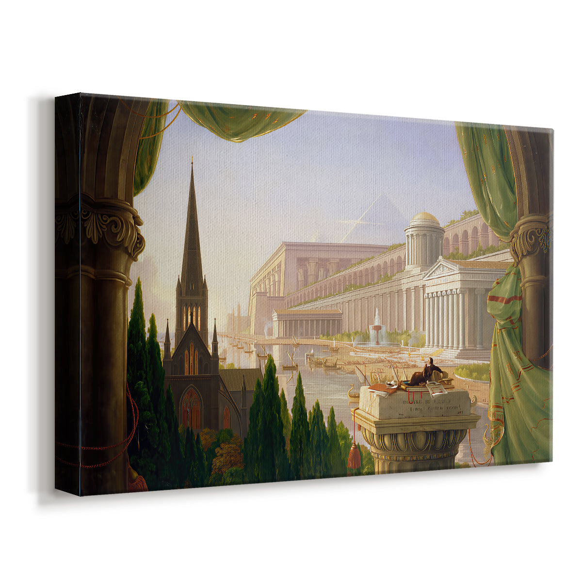 Canvas art print featuring a grand architectural fantasy with multiple historical structures in unified composition, displayed at an angle