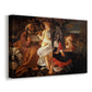 Canvas art print featuring a biblical scene of Mary, Joseph, and infant resting with angel musician, displayed at an angle
