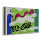 Canvas art print featuring a colorful modernist collage inspired by a lagoon, displayed at an angle